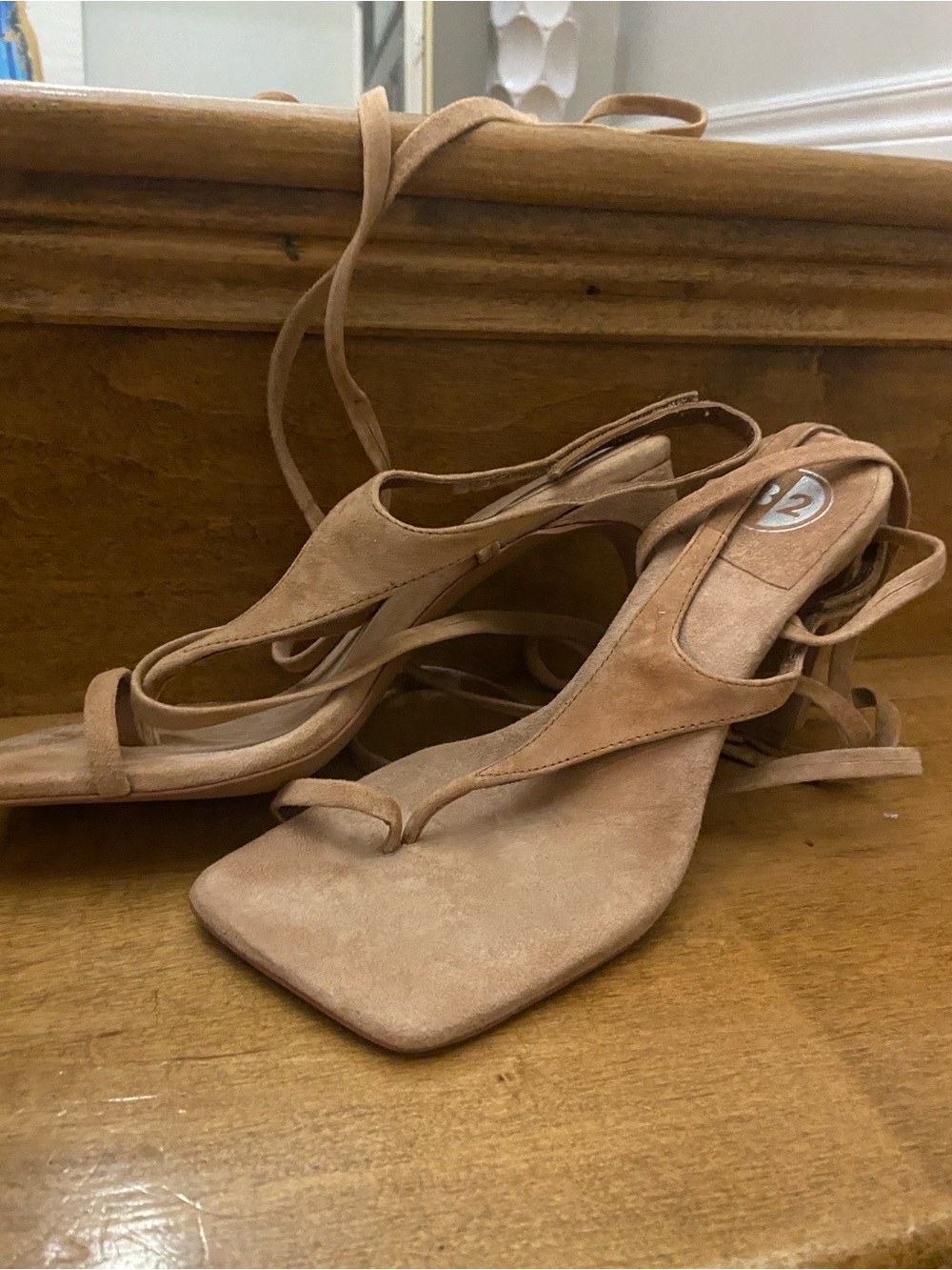 Strappy Square-Toe Lace-Up Heels in Tan